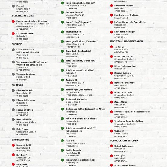 Das Bild enthält eine Tabelle mit verschiedenen Dienstleistungen und Standorten. Es umfasst Elektro- und Heizungsinstallationen, Freizeitaktivitäten, Gastronomie und Optik. Jede Kategorie listet bestimmte Unternehmen mit ihren Adressen und Telefonnummern auf.
