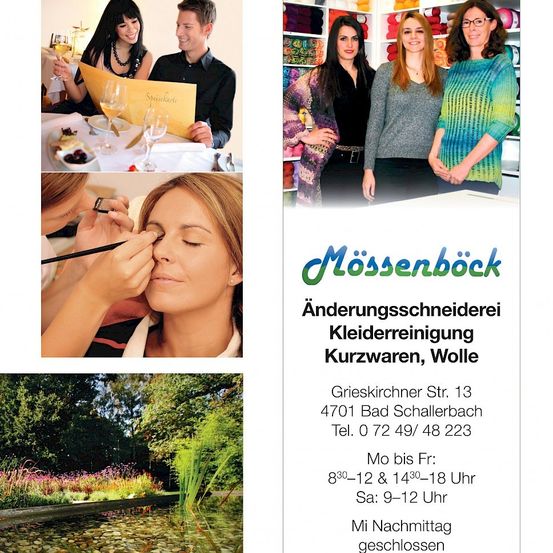 Werbung für die Änderungsschneiderei Mössenböck mit drei Bildern. Oben links: ein Mann und eine Frau beim Essen. Oben rechts: drei Frauen. Unten links: ein Garten. Unten rechts: Text über die angebotenen Dienstleistungen.