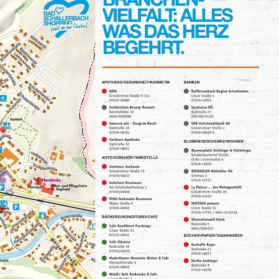 Eine Karte des Bad Schallerbach Shopping, die verschiedene Geschäfte und Dienstleistungen wie Apotheken, Banken, Schönheitssalons und mehr zeigt. Jede Kategorie ist farbcodiert und mit ihren jeweiligen Adressen aufgeführt.
