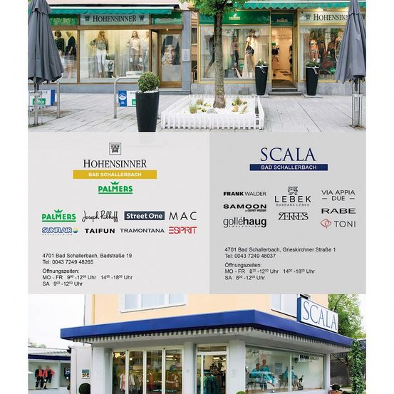 Werbung für Hohensinner Bekleidungsgeschäfte in Bad Schallerbach, Österreich. Das Bild zeigt Schaufenster, Regenschirme und Topfpflanzen. Kontaktdaten und Öffnungszeiten werden angegeben.