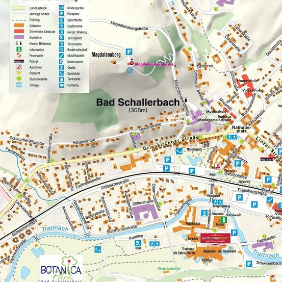 Karte von Bad Schallerbach mit verschiedenen Einrichtungen und Sehenswürdigkeiten, einschließlich Sportanlagen, Parks und öffentlichen Gebäuden. Die Karte zeigt den Standort eines botanischen Gartens und eines Thermalbads. Sie enthält auch eine Legende mit Symbolen für verschiedene Arten von Einrichtungen.