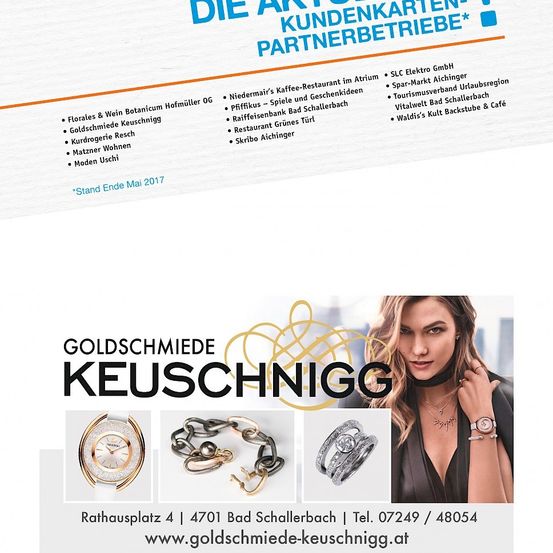 Eine Werbung für den Goldschmiede Keuschnigg Schmuckladen. Es zeigt eine Frau und verschiedene Schmuckstücke. Kontaktdetails und Adresse sind ebenfalls angegeben.