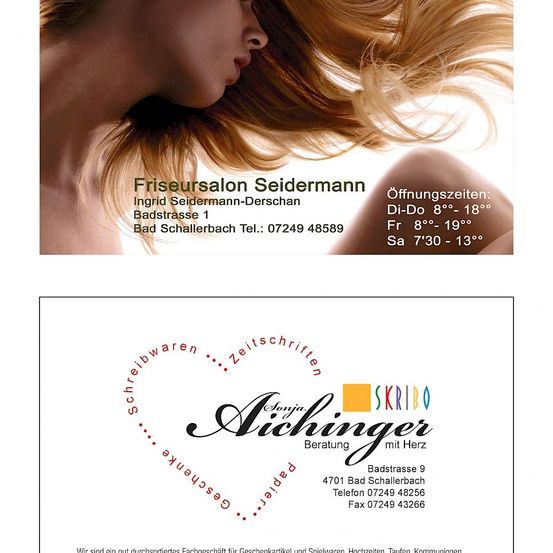 Visitenkarte für Ingrid Seidermann, eine Friseurin in Bad Schallerbach. Adresse und Telefonnummer werden angezeigt. Eine weitere Visitenkarte für Aichinger, die Beratungsdienstleistungen anbietet. Adresse, Telefonnummer und Faxnummer sind aufgeführt.