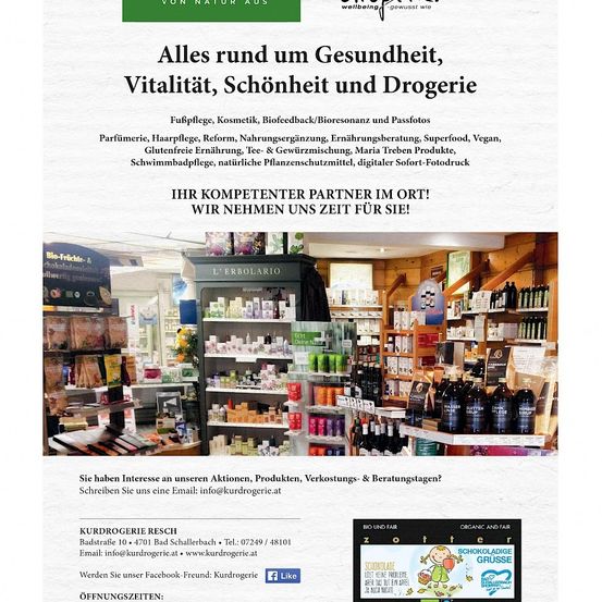 Ein Plakat für Kurdrogerei Resch, das verschiedene Produkte und Dienstleistungen präsentiert. Es enthält Informationen über Nahrungsergänzungsmittel, Kosmetika und Gesundheitsprodukte. Es lädt die Leser ein, sich für weitere Details zu melden.