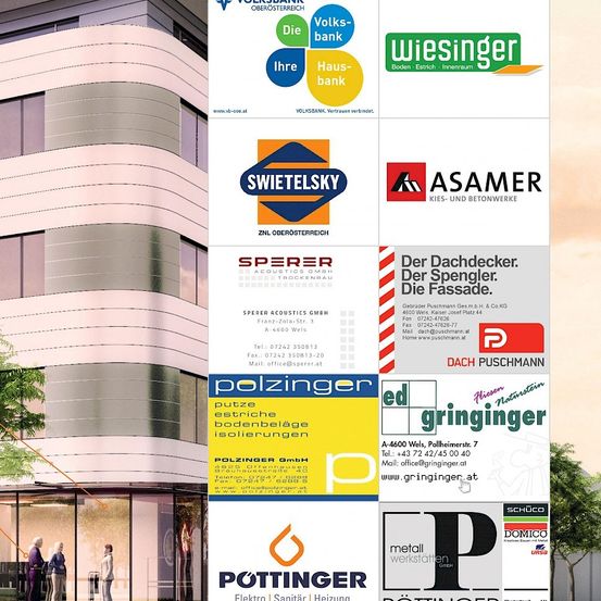 Ein Bild eines modernen Gebäudes mit verschiedenen Geschäftslogos und Kontaktdaten. Bemerkenswerte Logos sind Volksbank, Wiesenger, Swietelski, Asamer und Polzinger. Unten befinden sich zwei Visitenkarten von Dach Puschmann und Gringinger.