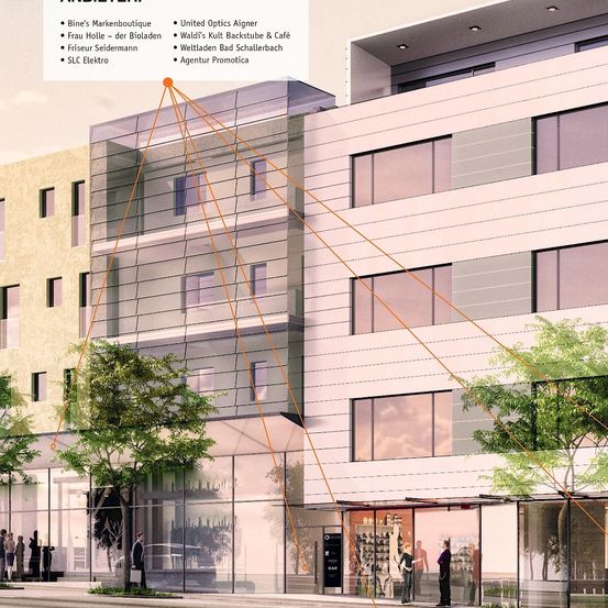 Eine architektonische Darstellung eines modernen Bürogebäudes mit Glaswänden und moderner Einrichtung. Es befindet sich an einer Stadtstraße mit Bäumen und Menschen. Das Gebäude hat viele Fenster und ist mit verschiedenen Unternehmen beschriftet.