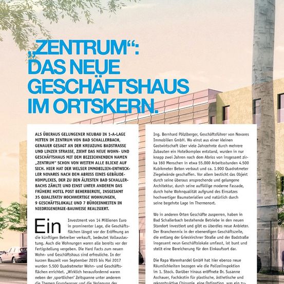 Das Bild zeigt einen Werbeartikel über ein neues Geschäftsgebäude in Ortkskren, der seinen modernen Stil, nachhaltigen Merkmalen und die Investition von 14 Millionen Euro hervorhebt. Es erwähnt die erstklassige Lage, den energieeffizienten Bau und die Beteiligung der Firma Novares.