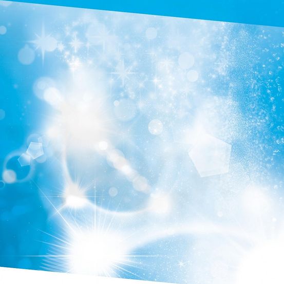 Eine abstrakte Darstellung mit blauem Hintergrund, funkelnden weißen Sternen und kreisförmigen Lichteffekten, die an einen funkelnden Himmel oder Lichtausbruch erinnern.