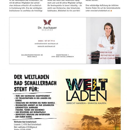 Eine medizinische Praxis, Dr. Aschauer, bietet plastische, ästhetische und rekonstruktive Chirurgie an. Kontaktdaten umfassen Telefonnummern, E-Mail und Adresse. Ein anderer Teil des Bildes bewirbt 'Der Weltladen Bad Schallerbach', der faire und nachhaltige Partnerschaften mit Produzenten aus der ganzen Welt betont.