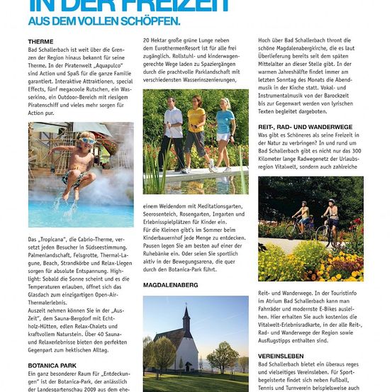 Eine Seite aus einer Zeitschrift mit Abschnitten über die Freizeitaktivitäten von Bad Schallerbach, einschließlich Wasserattraktionen, Wellness, Rad- und Wanderwegen. Es werden auch botanische Parks, Saunen und Fahrradrouten erwähnt.