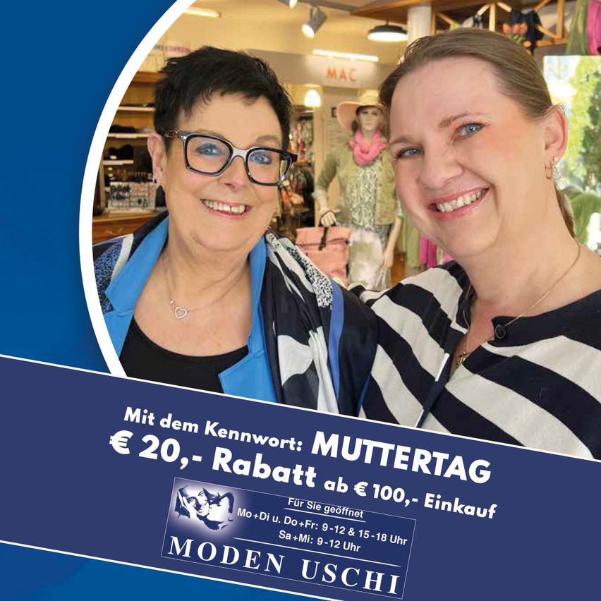 Zwei Frauen lächeln in die Kamera, wahrscheinlich in einem Bekleidungsgeschäft. Ein Banner bietet 20 Euro Rabatt zum Muttertag bei einem Einkauf von 100 Euro an.