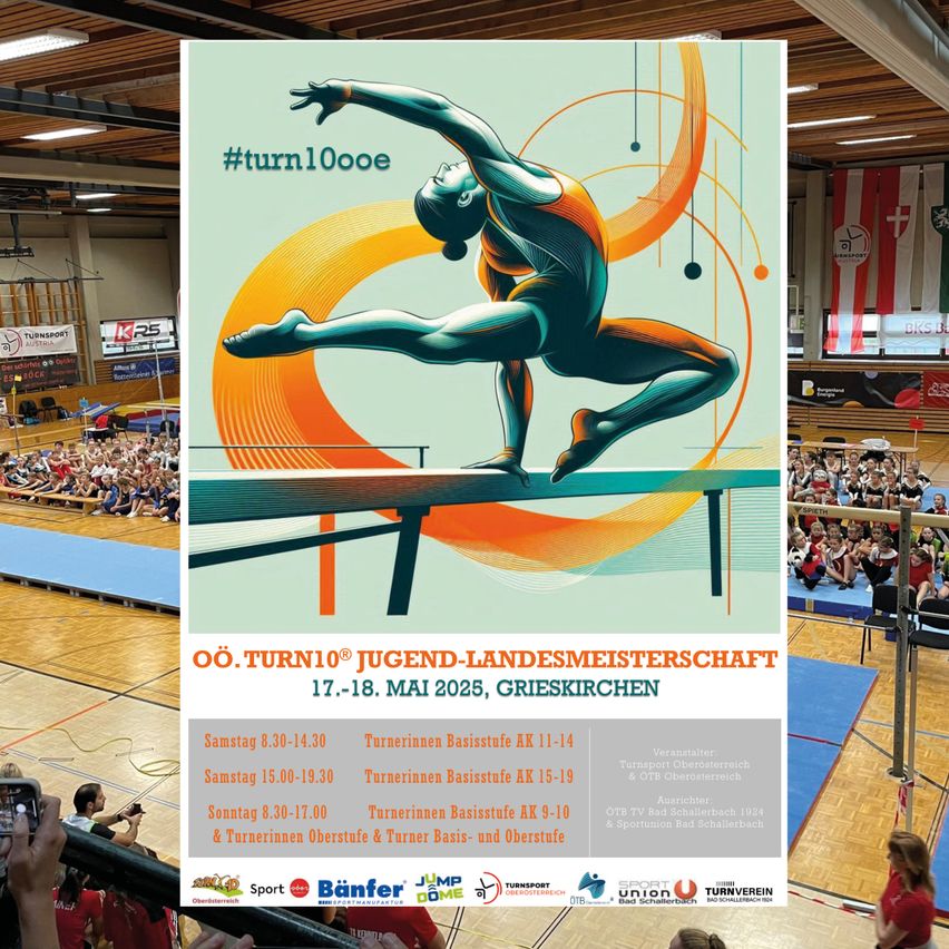 Ein Veranstaltungsplakat zeigt eine Turnerin in einer Spaltposition auf einer Balancestange, die von unten von einem Publikum beobachtet wird. Hashtags und Datum sind oben aufgeführt.