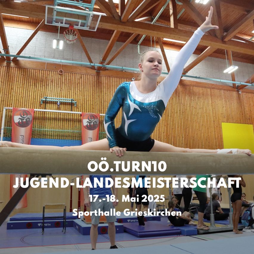 Eine Turnerin balanciert auf der Reckstange bei der Jugend-Landesmeisterschaft, 17.-18. Mai 2025, in Sporthalle Grieskirchen.