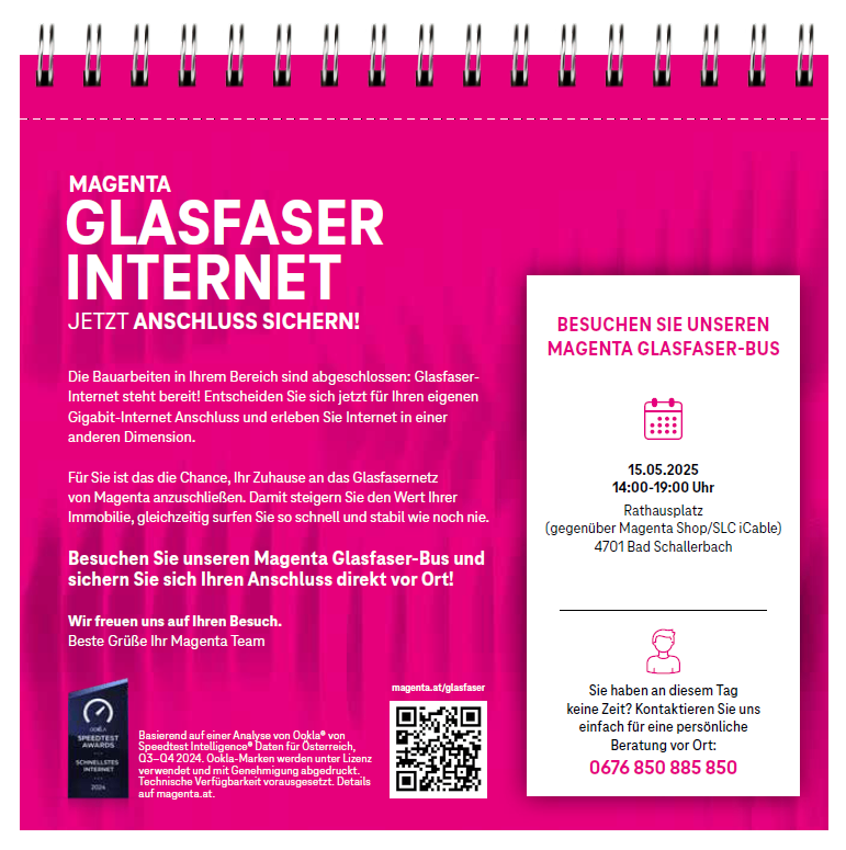 Magenta Glasfaser Internet. Jetzt Anschluss sichern! Magenta bietet Glasfaser-Internet. Besuchen Sie unseren Magenta Glasfaser-Bus und sichern Sie sich Ihren Anschluss direkt vor Ort. Kontaktieren Sie uns unter 0676 850 885 850.
