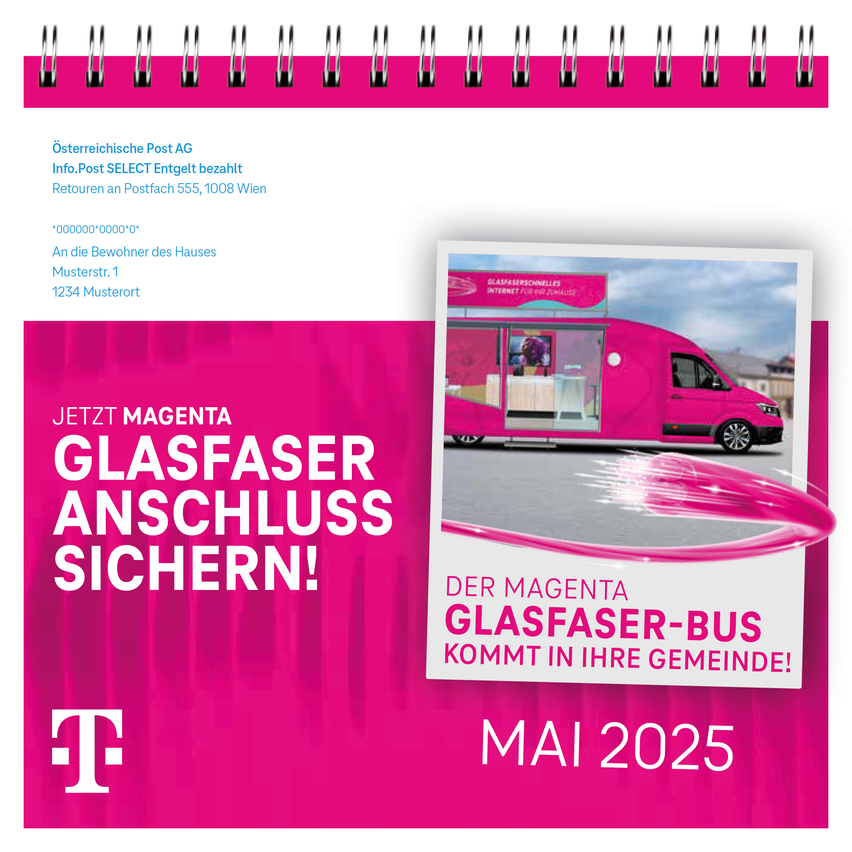 Ein Flyer für Magenta Glasfaser, einen Anbieter von Glasfasernetzen. Der Flyer hebt den Magenta Glasfaser-Bus hervor, der im Mai 2025 in Ihre Gemeinde kommt. Adresse und Rückadresse sind enthalten.