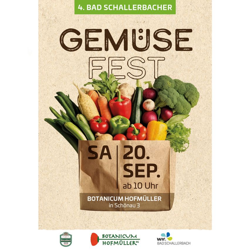 Werbeplakat für die Gemuse Fest Veranstaltung in Bad Schallerbach, zeigt einen Beutel mit verschiedenen Gemüsesorten, Datum SA 20. SEP. ab 10 Uhr und Veranstaltungsort Botanicum Hofmuller in Schonau 3.