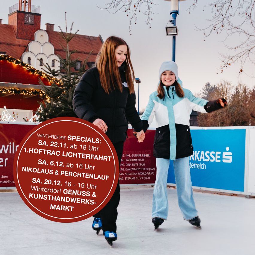 Zwei Mädchen sind auf einer Eisbahn im Freien Schlittschuh laufen. Das Mädchen auf der linken Seite trägt eine schwarze Jacke und Schlittschuhe, während das Mädchen auf der rechten Seite eine weiße Jacke und Schlittschuhe trägt. Sie halten sich an den Händen. Dahinter ist ein rotes Schild mit weißen Schriftzügen. Es gibt Bäume, Straßenlaternen und ein Gebäude mit einem Glockenturm.