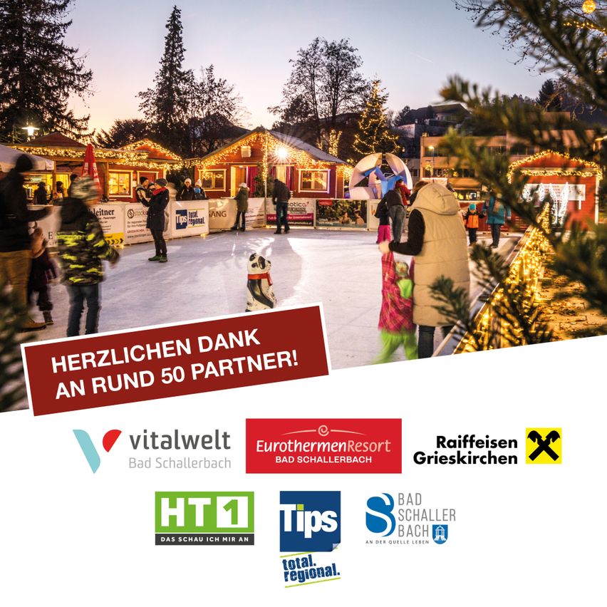 Eine Eislaufbahn im Freien mit Menschen, beleuchtet von Weihnachtslichtern. Ein Schild sagt 'HERZLICHEN DANK AN RUND 50 PARTNER!' mit Logos verschiedener Partner.