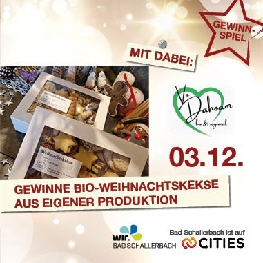 Werbeposter für ein Gewinnspiel von Bio-Weihnachtsplätzchen. Schachteln mit Keksen, festliche Dekorationen und ein Logo sind zu sehen. Das Gewinnspieldatum ist der 3. Dezember.
