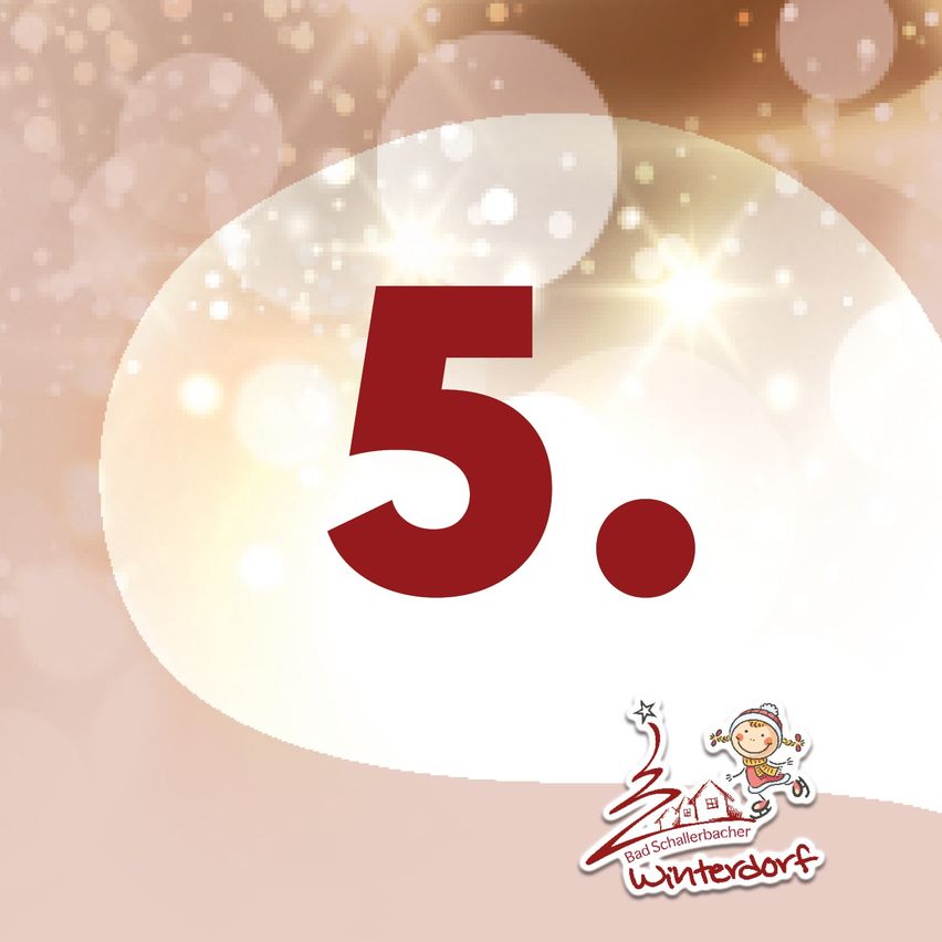 Eine Grafik mit einer roten Zahl fünf und einem Punkt, auf einem rosa und weißen Hintergrund mit einem Logo und einer Illustration eines Kindes.
