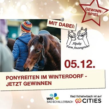 Werbeplakat für Ponyreiten im Winterdorf. Zeigt eine Person in blauer Jacke und Mütze, ein Pferd und das Logo der Alpaka Farm Anzengruber. Datum 05.12. und Aufruf zur Teilnahme an einem Gewinnspiel.