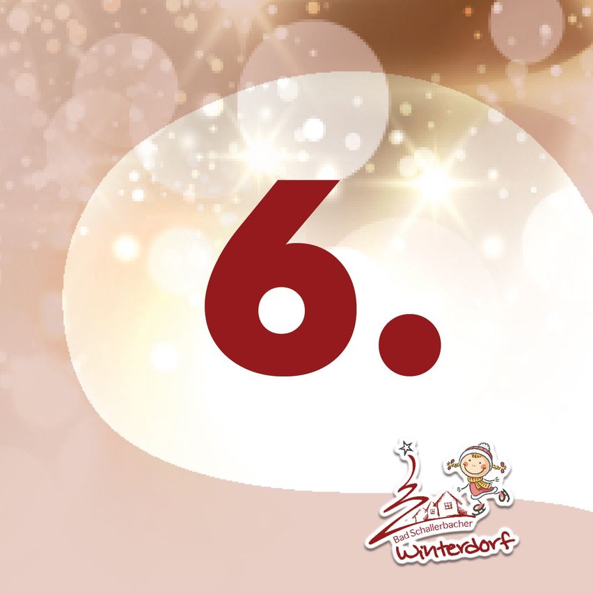Ein festlicher Grafik mit der Zahl sechs in Rot, umgeben von einem weißen Oval und einer verspielten Kinderfigur. Der Hintergrund ist hell mit funkelnden Effekten.