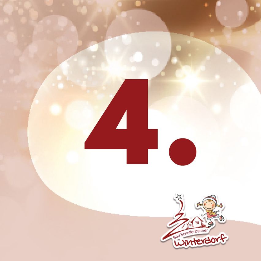 Ein Bild mit der roten Zahl 4, vor einem sanften, rosa und weißen Bokeh-Hintergrund. Unten ist eine verspielte Illustration eines Kindes.