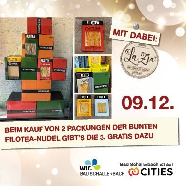 Eine Anzeige zeigt mehrere Schachteln Filotea-Nudeln. Eine Aktion besagt 'Kaufen Sie 2 Packungen, erhalten Sie die 3. gratis dazu'. Das Datum '09.12.' ist prominent angezeigt.