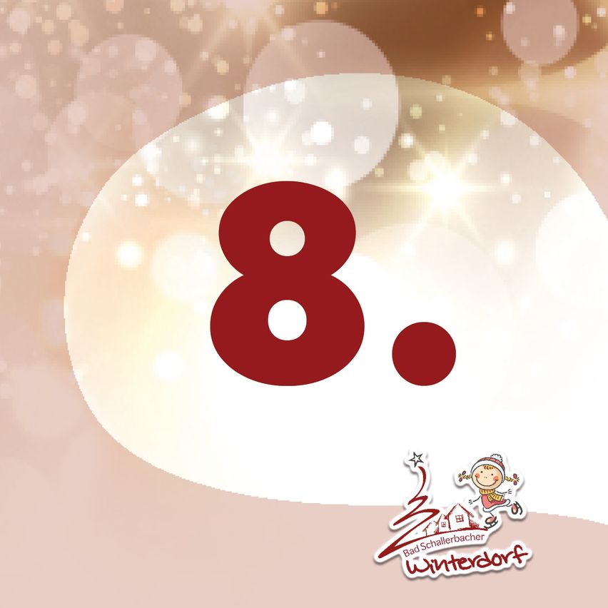 Das Bild zeigt die Zahl 8 in Rot, mit einer dekorativen ovalen Form und leuchtenden Highlights. Unter der Zahl befindet sich ein Logo mit einem Winterdorf-Thema.