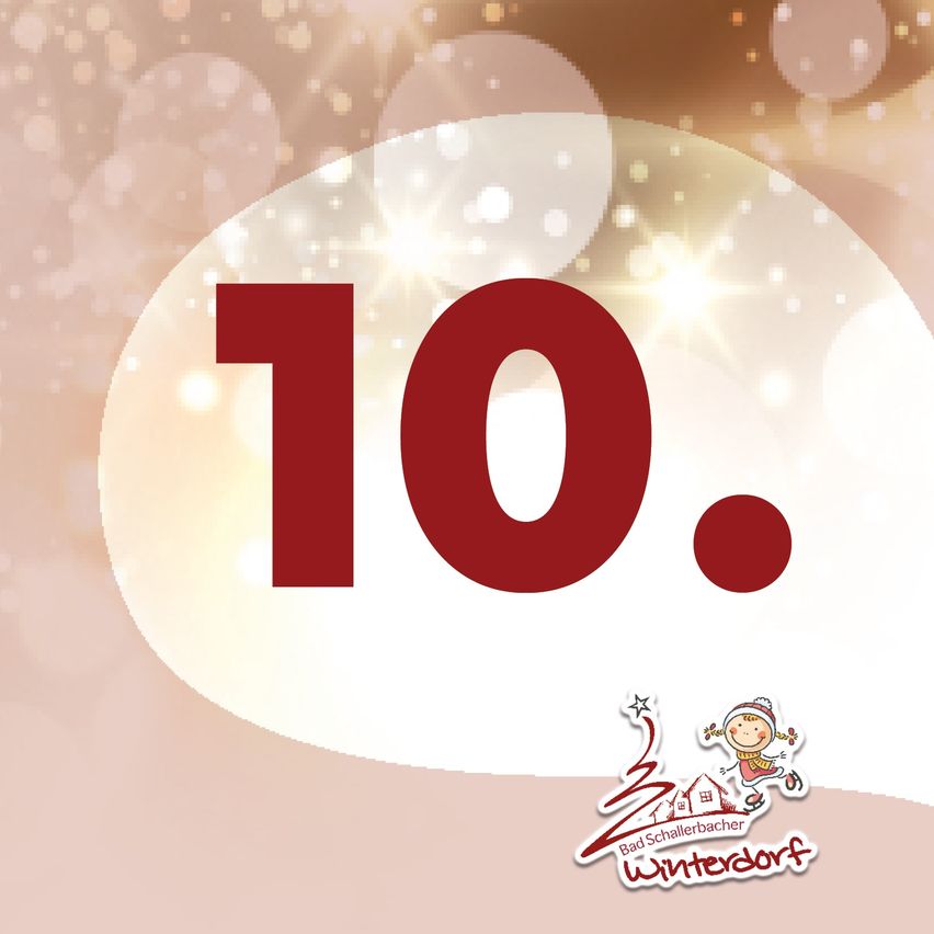 Ein Bild zeigt die Nummer 10 mit einem Kindersymbol darunter, was wahrscheinlich auf eine Liste oder einen Countdown hinweist. Der Hintergrund hat ein festliches, funkelnde Erscheinungsbild.