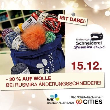 Eine Werbung für einen Wollverkauf mit einem Beutel voller bunter Wolle. Es bietet 20% Rabatt auf Wolle bei Rusmira Änderungsschneiderei. Das Datum ist der 15. Dezember.