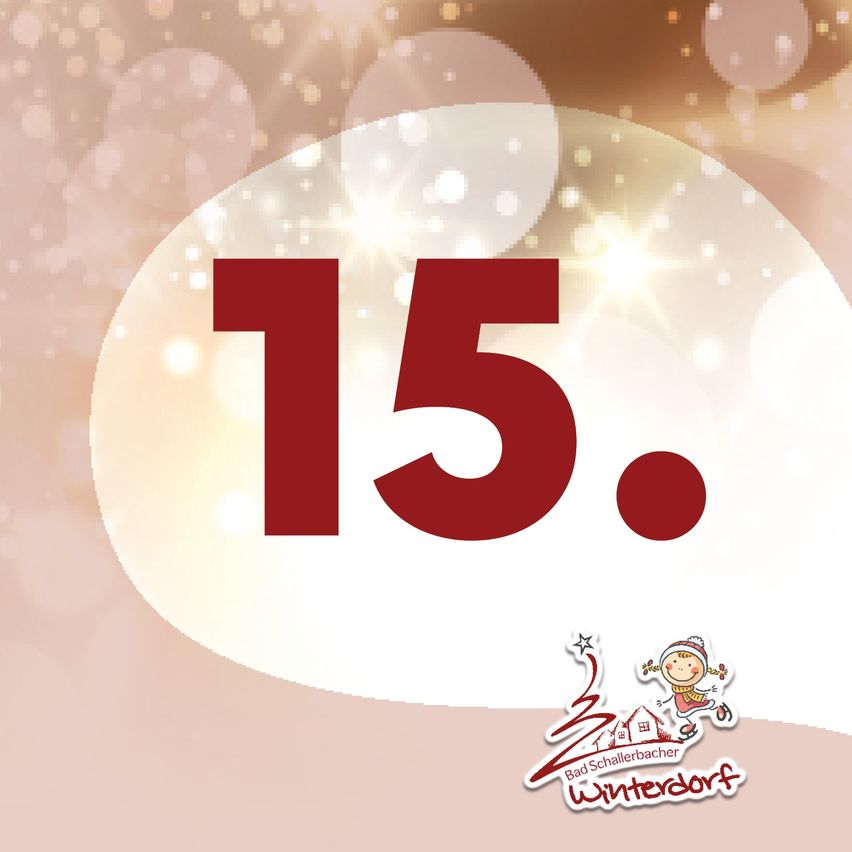 Ein Poster mit der Zahl 15, die prominent im Vordergrund dargestellt wird, umgeben von einem kreisförmigen Bokeh-Hintergrund mit einer kleinen Illustration eines Kindes in Winterkleidung unten.