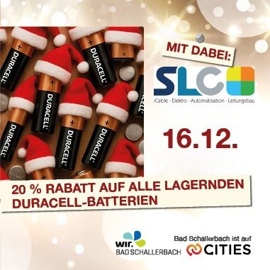 Werbeanzeige für einen Rabatt auf Duracell-Batterien. Es zeigt eine Collage von Batterien und Weihnachtsmützen, mit der Aktion von 20% Rabatt auf alle Duracell-Batterien. Das Datum 16.12. ist prominent angezeigt.