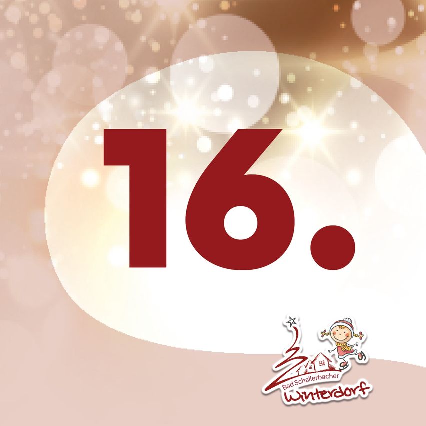 Ein Poster mit der Nummer 16 in rotem Schriftzug, auf einem Hintergrund aus rosa und weißen Blasen. Das Bild hat ein Logo für 'Bad Schallerbacher Winterdorf' in der unteren rechten Ecke.