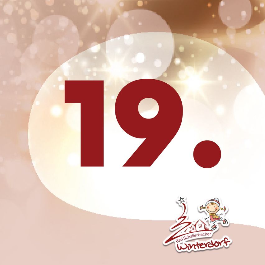 Ein Poster mit der roten Nummer 19 auf weißem Hintergrund, mit verschwommenem Hintergrund und einem kleinen Logo unten.