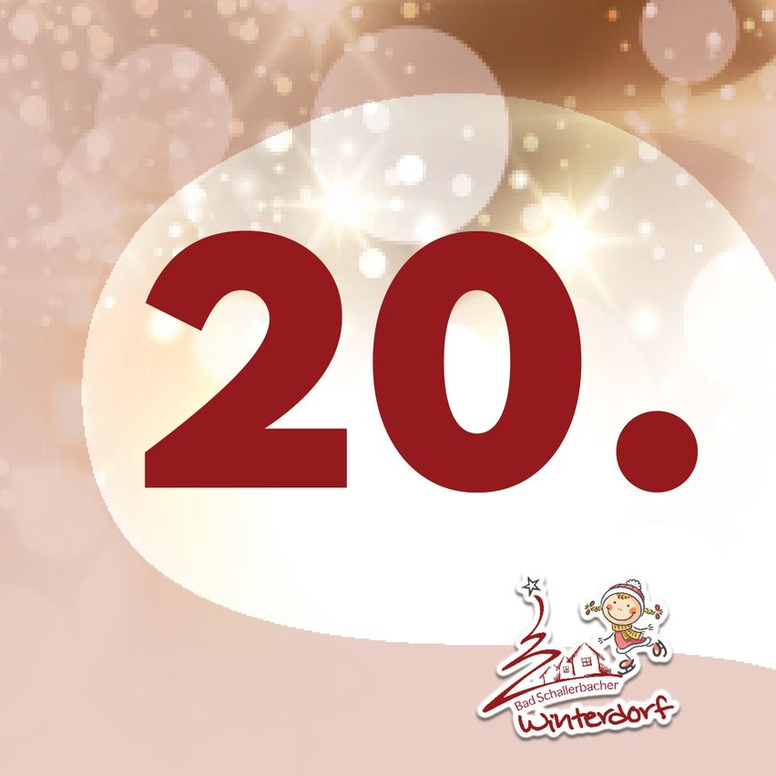 Das Bild zeigt die Zahl 20 in Rot mit einem festlichen Hintergrund, möglicherweise für eine Winterveranstaltung. Unten sind ein Logo und eine Cartoon-Figur zu sehen.