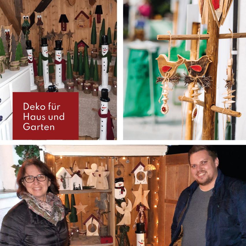 Drei Bilder mit Weihnachtsdekorationen. Das erste zeigt eine Sammlung von Schneemännern. Das zweite ist eine Holzstruktur mit Vögeln und Ornamenten. Das dritte zeigt eine Frau und einen Mann, die vor einem Regal mit Weihnachtsdekorationen stehen.