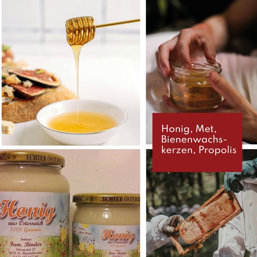 Eine Collage von honigbezogenen Bildern. Ein Glas Honig, ein Glas Honig auf einem Teller, eine Hand, die ein Glas Honig hält, und ein Imker in Schutzkleidung.