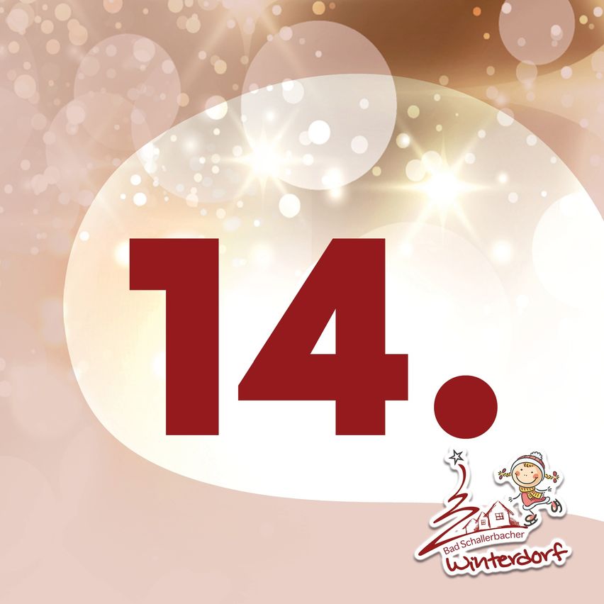 Eine rote Nummer 14 umgeben von einem roten Punkt auf einem rosa und weißen Hintergrund mit Blasen und einer Comicfigur.