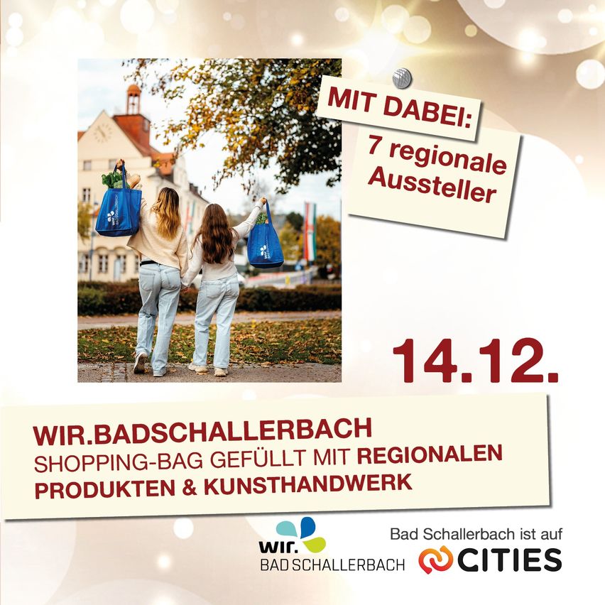 Plakat für eine lokale Veranstaltung in Bad Schallerbach, das zwei Frauen mit Einkaufstüten zeigt. Es zeigt ein Bild eines Gebäudes, Bäume und Herbstlaub.