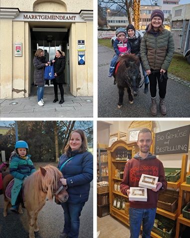 Eine Collage aus vier Bildern, die Menschen und Pferde zeigen. Das erste Bild zeigt zwei Frauen mit einer blauen Tasche. Das zweite Bild zeigt eine lächelnde Frau, die ein Pferd reitet. Das dritte Bild zeigt einen Mann, der zwei Schachteln in einem Laden hält. Das vierte Bild zeigt eine Frau, die ein Pferd hält.