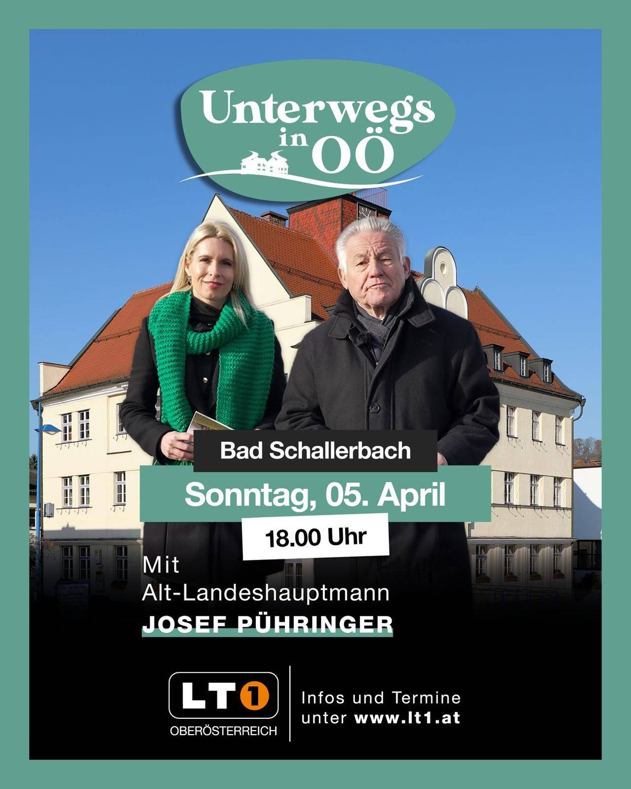 Ein Poster für 'Unterwegs in Ooo' zeigt einen Mann und eine Frau vor einem Gebäude, mit Datum und Uhrzeit.