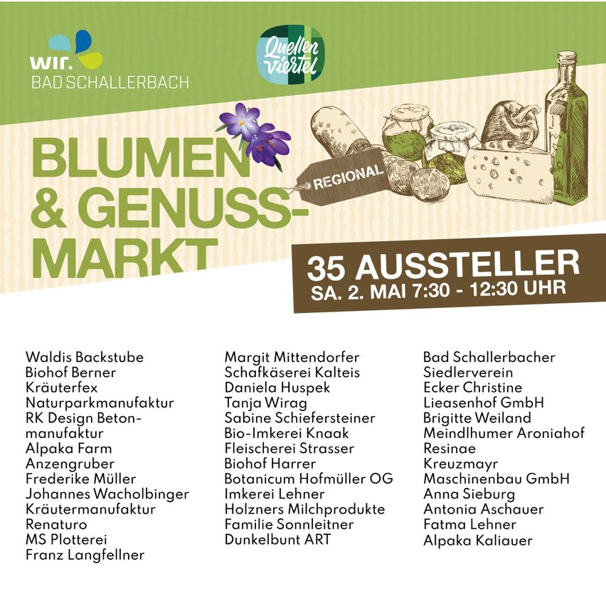 Plakat für einen regionalen Blumen- und Genussmarkt in Schallerbach am 2. Mai 2023. Zeigt 35 Aussteller mit Namen von Unternehmen und Einzelpersonen. Dargestellt sind verschiedene Lebensmittel und Blumen.