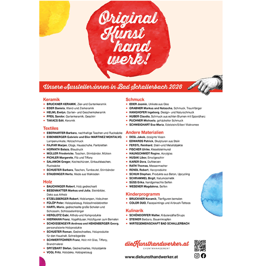 Das Bild ist ein Plakat für die 'Original Kunst hand werk!'-Veranstaltung in Bad Schallerbach 2026, mit verschiedenen Künstlern und ihren Werken. Kategorien umfassen Keramik, Textilien und andere Materialien. Das Plakat listet Namen, Beschreibungen und Kontaktinformationen auf.