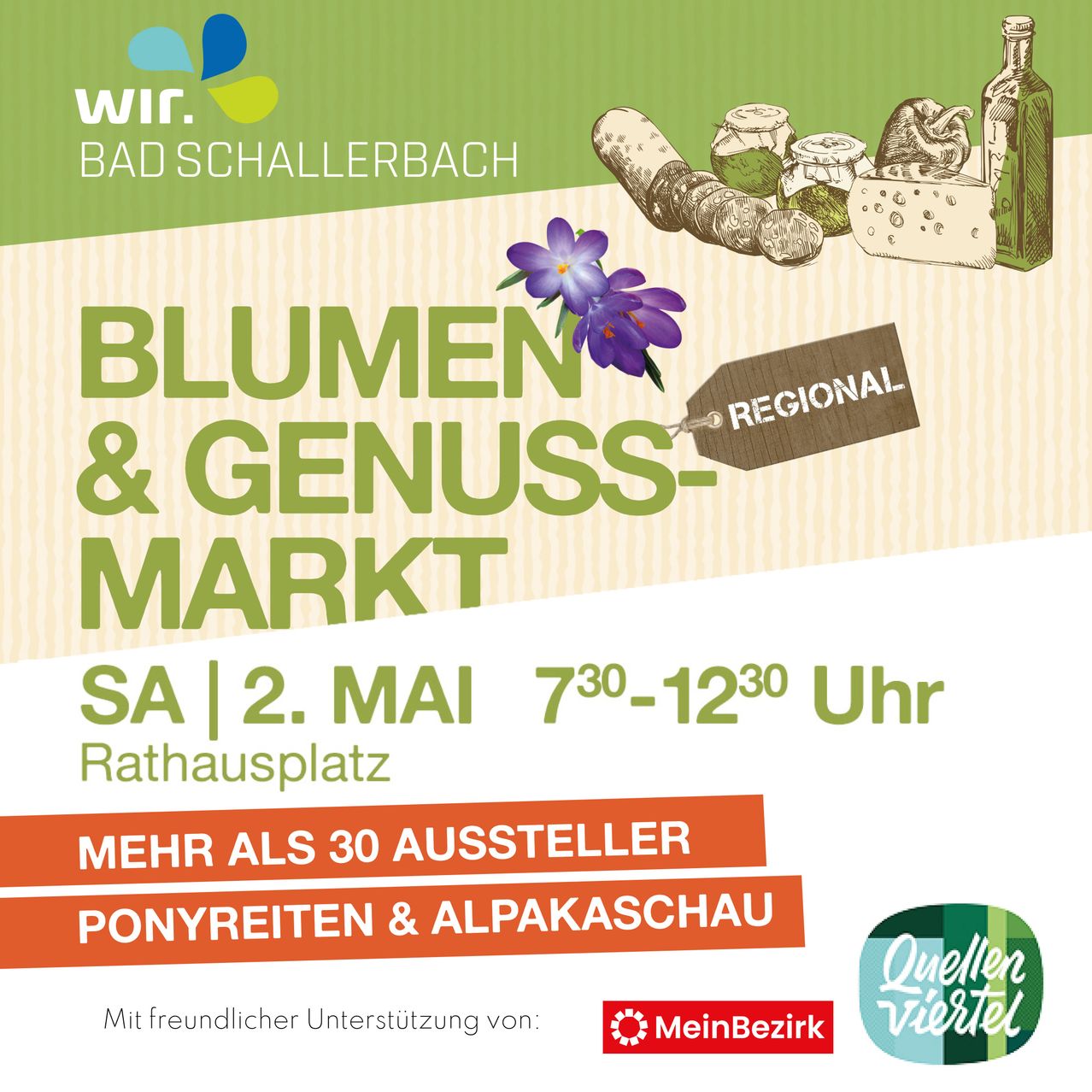 Plakat für die Blumen & Genuss-Markt Veranstaltung in Bad Schallerbach am 2. Mai 2020 von 7:30 bis 12:30 am Rathausplatz mit über 30 Ausstellern, Ponyreiten und Alpakaschau, unterstützt von MeinBezirk und Quellen Viertel.