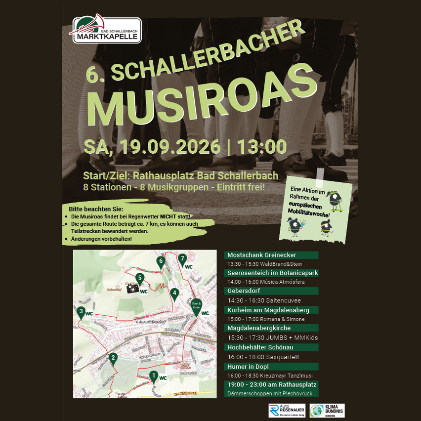 Plakat für die 6. Schallerbacher Musikroas-Veranstaltung am 19. September 2026 mit einer Karte von 8 Stationen, Musikgruppen und freiem Eintritt. Die Veranstaltung umfasst verschiedene musikalische Aufführungen und Aktivitäten.
