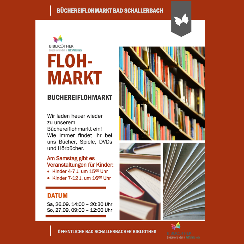 Poster for a book flea market in Bad Schallerbach, featuring a bookshelf full of colorful books. The poster includes details about the event, including the date, time, and activities for children.