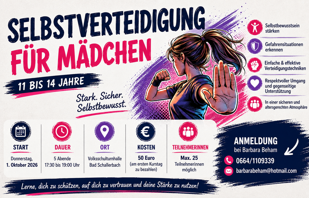 Poster for a girls' self-defense course. Features a girl in a fighting stance, text in German, and icons for time, location, cost, and participant limit.