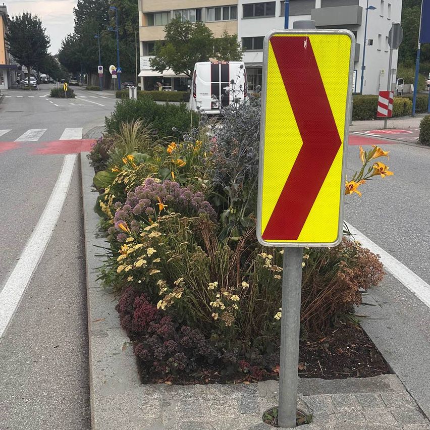 A road verge with a yellow and red road sign in the foreground. A white van is parked on the side of the road in the background.