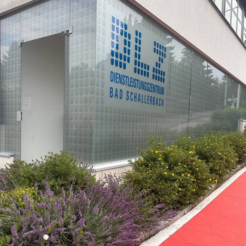A building with a glass facade displays the blue logo and text 'Dienstleistungszentrum Bad Schallerbach.' The entrance is on the left. A red carpet leads to the entrance. The plants have purple and yellow flowers.